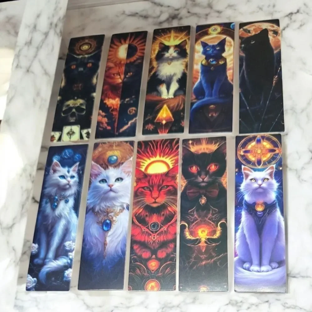 10pc Mystical Cat Tarot Bookmark Set Gothic Celestial White Cat Reading Markers